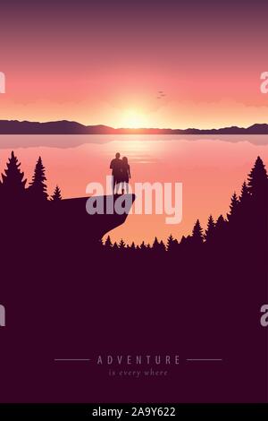 Couple sur une falaise aventure dans la nature au bord du lac avec vue sur la montagne vector illustration EPS10 Illustration de Vecteur