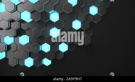 Résumé fond hexagonal géométrique noir. Polygone de surface avec motif lumineux bleu hexagones, de miel. Abstract blue auto-hexagones lumineux Banque D'Images