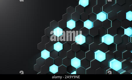 Résumé fond hexagonal géométrique noir. Polygone de surface avec motif lumineux bleu hexagones, de miel. Abstract blue auto-hexagones lumineux Banque D'Images