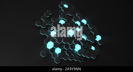 Résumé fond hexagonal géométrique noir. Polygone de surface avec motif lumineux bleu hexagones, de miel. Abstract blue auto-hexagones lumineux Banque D'Images