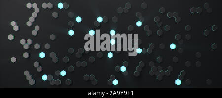 Résumé fond hexagonal géométrique noir. Polygone de surface avec motif lumineux bleu hexagones, de miel. Abstract blue auto-hexagones lumineux Banque D'Images