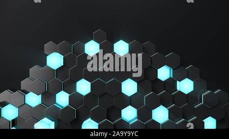 Résumé fond hexagonal géométrique noir. Polygone de surface avec motif lumineux bleu hexagones, de miel. Abstract blue auto-hexagones lumineux Banque D'Images