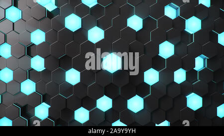 Résumé fond hexagonal géométrique noir. Polygone de surface avec motif lumineux bleu hexagones, de miel. Abstract blue auto-hexagones lumineux Banque D'Images