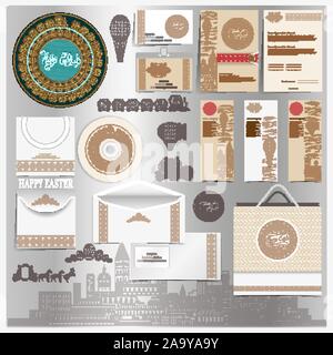 Ensemble d'éléments stationnaires avec modèle de Pâques gravure vintage éléments. Maison de vacances de style Vector brandbook Illustration de Vecteur
