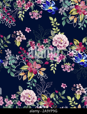 L'aquarelle transparente floral design avec fond bleu foncé pour les impressions textiles. Floral background moderne. Banque D'Images