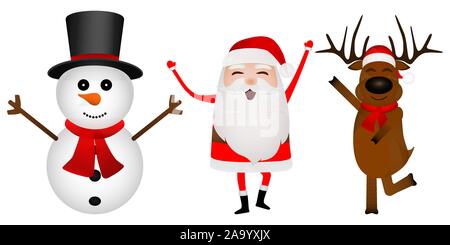 Cartoon funny santa claus, le renne et le Snowman dancing isolated on white Illustration de Vecteur