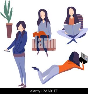 Fille aux cheveux brun brun se lit, la main caressant le chat, utilise un smartphone, les mensonges et les pourparlers sur un ordinateur portable Illustration de Vecteur