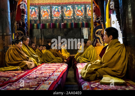 Chapeau jaune Gelugpa, ou l'école, des moines bouddhistes dans un monastère de Tashi Lhunpo monastery Banque D'Images