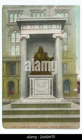 Carte postale illustrée d'un monument de Peter Cooper, un industriel américain et homme politique, Cooper Square, New York, 1910. À partir de la Bibliothèque publique de New York. () Banque D'Images