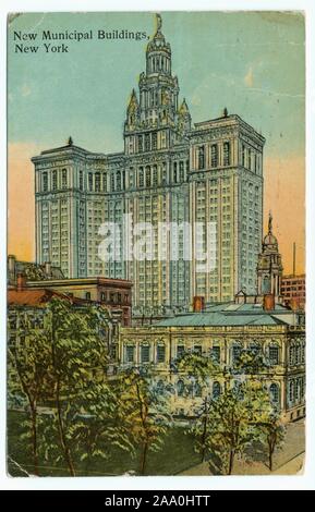 Carte postale illustrée de nouveaux bâtiments municipaux, la ville de New York, 1910. À partir de la Bibliothèque publique de New York. () Banque D'Images