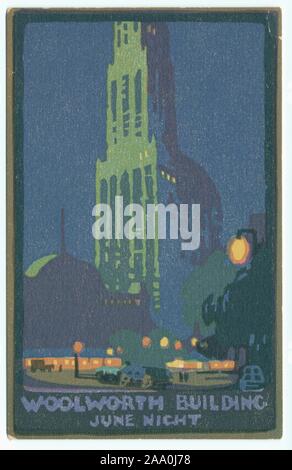 Carte postale illustrée de Woolworth Building sur une nuit de Juin, New York City, peinture par Rachel Robinson Elmer, 1916. À partir de la Bibliothèque publique de New York. () Banque D'Images