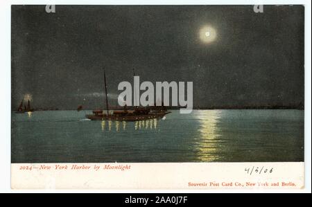 Carte postale illustrée de la ville de New York Harbor par moonlight, New York City, publié par carte postale Souvenir Co, 1906. À partir de la Bibliothèque publique de New York. () Banque D'Images