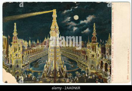 Carte postale illustrée d'un phare entouré par tours et immeubles à Luna Park, Coney Island la nuit, New York City, publié par carte postale illustrée et Co, 1905 Nouveauté. À partir de la Bibliothèque publique de New York. () Banque D'Images