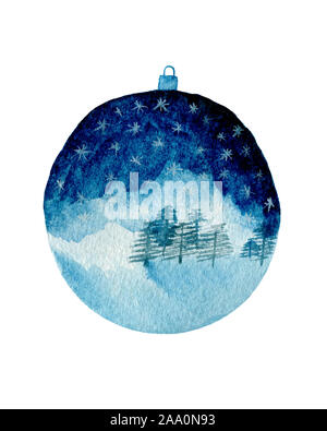 Blue Christmas ball decoration isolé sur fond blanc, aquarelle blue christmas ornament Banque D'Images
