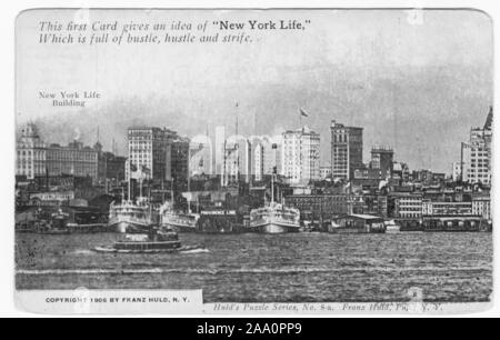 Carte postale gravé de la skyline de New York et le port, la ville de New York, la série Puzzle Huld, créé et publié par Franz Huld, 1906. À partir de la Bibliothèque publique de New York. () Banque D'Images