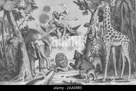 Illustration monochrome du livre "Fables de La Fontaine' par l'auteur Jean de La Fontaine, avec un groupe d'animaux sauvages se sont rassemblés devant le dieu romain Jupiter volant sur un oiseau, par l'illustrateur Emile Gouget, publié par Lecointe et Pougin, 1834. À partir de la Bibliothèque publique de New York. () Banque D'Images