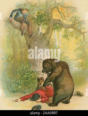 Illustration couleur d'une scène du livre 'Aesop's Fables' par l'éditeur J. B, 1900. Rundell, doté d''un ours et sa cub comité permanent sur l'homme allongé sur le sol se faisant passer pour morte, avec son compagnon assis dans un arbre à la sur dans la peur, illustré par Ernest Griset, publié par l'édition Lothrop. À partir de la Bibliothèque publique de New York. () Banque D'Images