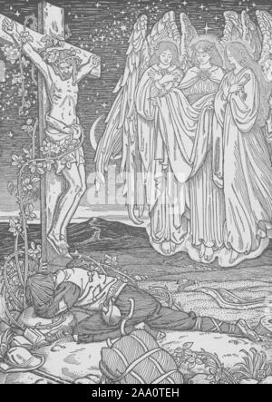 Illustration monochrome d'une scène du livre 'Pilgrim's Progress' de John Bunyan, avec le pèlerin épuisé couché au pied d'un grand crucifix, avec trois anges ailés à sur, illustré par George Rhead, publiés par le Siècle Co, 1898. À partir de la Bibliothèque publique de New York. () Banque D'Images