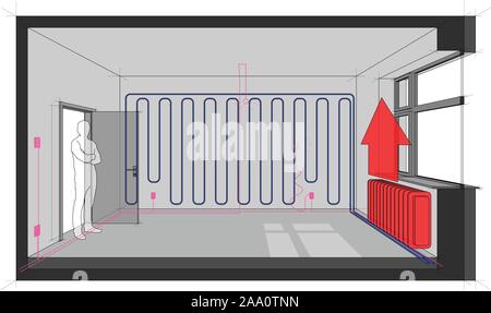 Schéma d'une chambre unique de refroidissement refroidi avec le mur et avec des installations électriques et de chauffage du radiateur Illustration de Vecteur