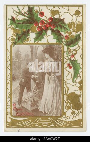 Carte postale illustrée intitulée "Un Joyeux Noël" avec une bordure décorative dotée d''un livreur, offrant un cadeau de Noël, des fleurs et une carte pour une femme à la porte, publié par l'illustre la carte postale, 1907. À partir de la Bibliothèque publique de New York. () Banque D'Images