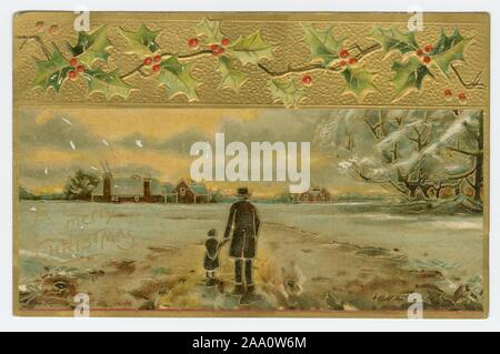 Carte postale illustrée intitulée "Un Joyeux Noël" avec la bordure supérieure décorée de houx, doté d''une vue arrière d'un homme portant un manteau et un chapeau avec une fille marche à travers un champ neigeux, avec quelques maisons en arrière-plan, publié par Samuel Langdorf et Co, 1905. À partir de la Bibliothèque publique de New York. () Banque D'Images