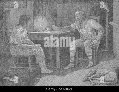 Illustration monochrome d'une scène du livre 'La vie et l'étrange aventures surprenantes de Robinson Crusoé de York, Mariner' par l'auteur Daniel Defoe, doté d''enseignement Crusoe Vendredi à parler anglais pendant qu'ils se mettent à table dans leur hutte, illustré par Louis Rhead, publié par Harper Frères, 1900. À partir de la Bibliothèque publique de New York. () Banque D'Images