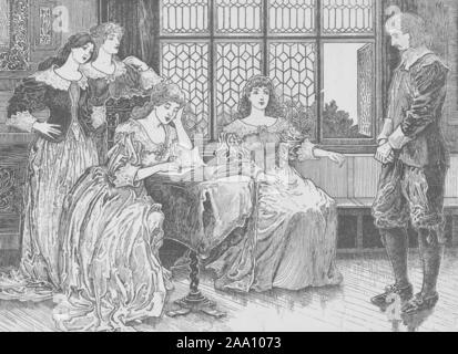 Gravure d'une scène du livre 'Pilgrim's Progress' de John Bunyan, avec les dames de la maison lire les enregistrements à Christian, illustré par Louis Rhead, publiés par le Siècle Co, 1898. À partir de la Bibliothèque publique de New York. () Banque D'Images