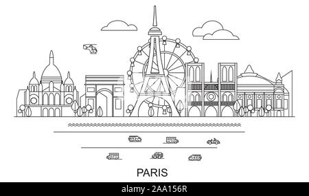 Ligne vue panoramique sur les toits de la ville de Paris de style art vector Illustration en couleur noir isolé sur fond blanc. Silhouette vecteur Illustration de landmar Illustration de Vecteur