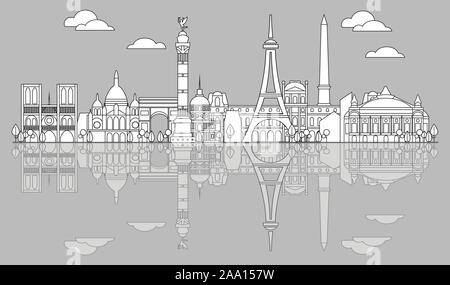 Style d'art de la ligne panoramique sur les toits de la ville de Paris avec la réflexion. Vector illustration en couleur noir isolé sur fond blanc. De l'illustration vectorielle Illustration de Vecteur