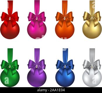 Mettre des boules de Noël colorées isolé avec des arcs et des rubans Illustration de Vecteur