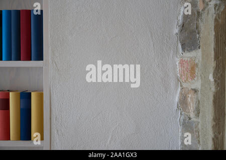 Détail d'une étagère avec des rangées de livres colorés dans un mur blanc, copie de l'espace, partie de mur en pierre, cet appartement loft Banque D'Images