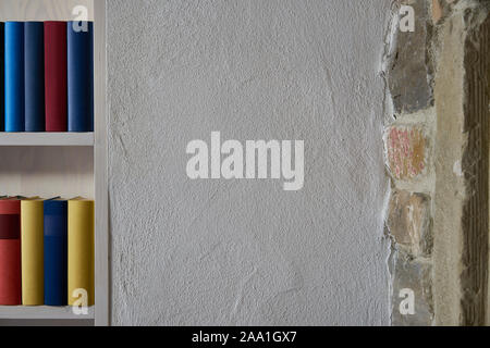 Détail d'une étagère avec des rangées de livres colorés dans un mur blanc, copie de l'espace, partie de mur en pierre, cet appartement loft Banque D'Images