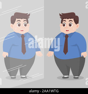 Big Fat Man à la recherche dans le miroir et se sentir en bonne santé santé retrouvez concept cartoon character design vector plate. Banque D'Images