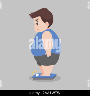 Big Fat homme debout sur une balance électronique pour le poids santé Le poids corporel sain télévision cartoon concept caractère vecteur conception. Banque D'Images