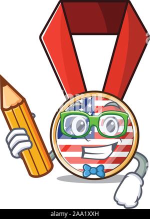 Mascot usa médaille dans le caractère student holding pencil Illustration de Vecteur