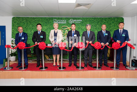 (191119) -- DUBLIN, 19 novembre 2019 (Xinhua) -- le ministre irlandais des affaires, de l'entreprise et l'innovation Heather Humphreys (3L) et l'ambassadeur chinois en Irlande il Xiangdong (3e R) assister à une cérémonie pour marquer l'achèvement de la construction d'une préparation pour nourrissons à Monaghan, au nord-est de l'Irlande, le 18 novembre 2019. Une cérémonie pour marquer l'achèvement de la construction de l'usine de production de préparations pour nourrissons par une société chinoise a eu lieu en Irlande du nord-est du comté de Monaghan le lundi. Situé dans la région de Carrickmacross, la deuxième plus grande ville dans le comté de Monaghan, la nouvelle usine avec un investissement Banque D'Images