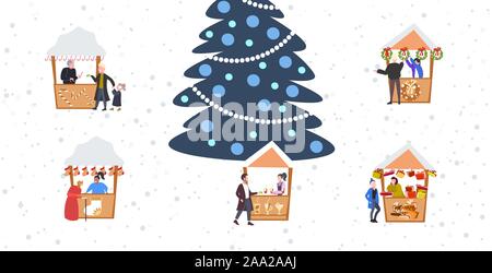 Marché de Noël ou une maison de vacances avec piscine en plein air juste décoré sapin personnes marchant entre cale joyeux Noël Nouvel an vacances d'hiver célébration concept illustration vectorielle horizontale Illustration de Vecteur