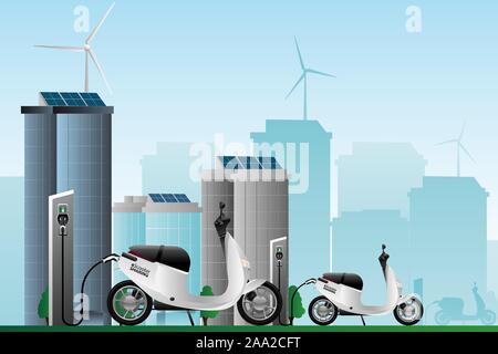 Scooter électrique pour partager avec station de charge sur une rue de la ville Illustration de Vecteur
