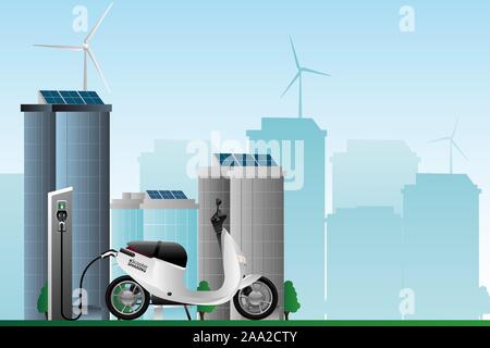 Scooter électrique pour partager avec station de charge sur une rue de la ville Illustration de Vecteur