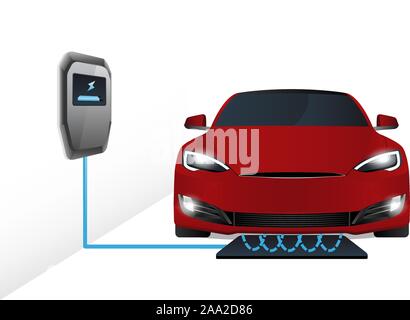 La voiture électrique est en charge dans le garage d'une station de charge sans fil. Vector illustration Illustration de Vecteur