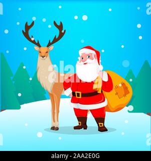 Joyeux Noël carte de vœux joyeux Père Noël et les rennes. Santa avec gros sac de cadeaux. Vector illustration. Illustration de Vecteur