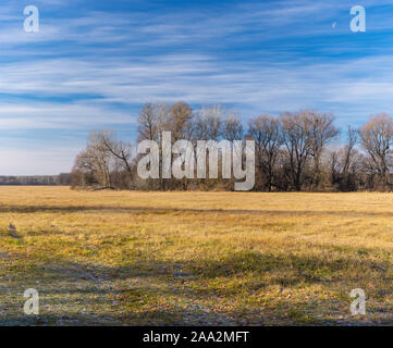 Paysage paisible prairie avec de l'eau contre la demi-lune sur ciel bleu à la saison automnale dans Poltavskaya oblast, Ukraine Banque D'Images