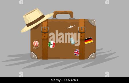 Valise vintage avec des autocollants et d'été chapeau sur elle pour votre voyage publicité concept design. Vector illustration Illustration de Vecteur