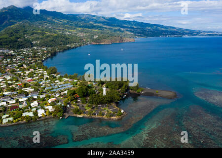 Vue aérienne de la Pointe Vénus, Tahiti, Polynésie Française Banque D'Images