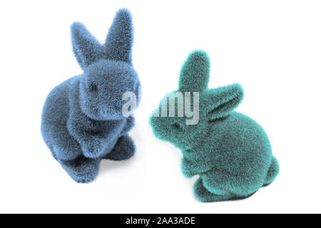 Lapins de Pâques colorés, des actifs, de la décoration, blanc fond isolé, poilu, mignon, Pâques photo, petit lapin vert Banque D'Images