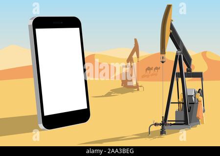 Téléphone sur l'arrière-plan de plates-formes pétrolières dans le désert. Un écran blanc, vous pouvez ajouter votre texte ici. Vector illustration Illustration de Vecteur
