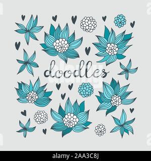 Fleurs et coeurs vector set doodles, floral, fond de carte de collection Illustration de Vecteur