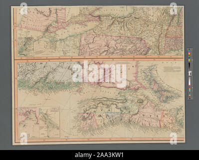 Illustré de secours par hachures et profondeurs indiquées par sondages. Frontières : carte de longitude ouest de Greenwich. Cartes auxiliaires : La province de la Nouvelle-Écosse à la partie du Nouveau-Brunswick &c. sur une échelle agrandie, principalement à partir d'enquêtes faites par Sa Majesté et les bureaux de géomètres (environ 1:1 000 000) ; [île de Terre-Neuve] (environ 1:1 500 000) Cartouches : esquisse générale du Grand Lacs & c. (Environ 1:8 000 000) ; Environs de Québec ; les rives du fleuve Saint-Laurent à partir de l'isle d'Orléans pour le lac Saint-François à une échelle agrandie (environ 1:600 000), frontière de Niagara & Banque D'Images