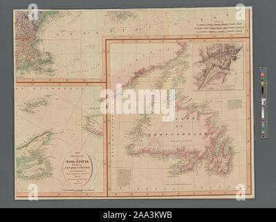 Illustré de secours par hachures et profondeurs indiquées par sondages. Frontières : carte de longitude ouest de Greenwich. Cartes auxiliaires : La province de la Nouvelle-Écosse à la partie du Nouveau-Brunswick &c. sur une échelle agrandie, principalement à partir d'enquêtes faites par Sa Majesté et les bureaux de géomètres (environ 1:1 000 000) ; [île de Terre-Neuve] (environ 1:1 500 000) Cartouches : esquisse générale du Grand Lacs & c. (Environ 1:8 000 000) ; Environs de Québec ; les rives du fleuve Saint-Laurent à partir de l'isle d'Orléans pour le lac Saint-François à une échelle agrandie (environ 1:600 000), frontière de Niagara & Banque D'Images