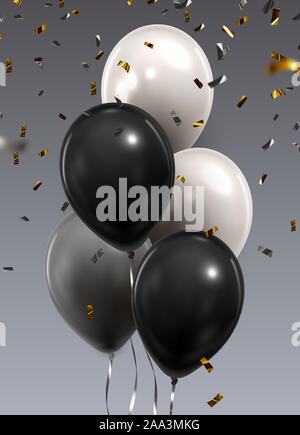 Bouquet de ballons sur fond gris. Noir, blanc et gris des ballons. Célébration Contexte. Banque D'Images